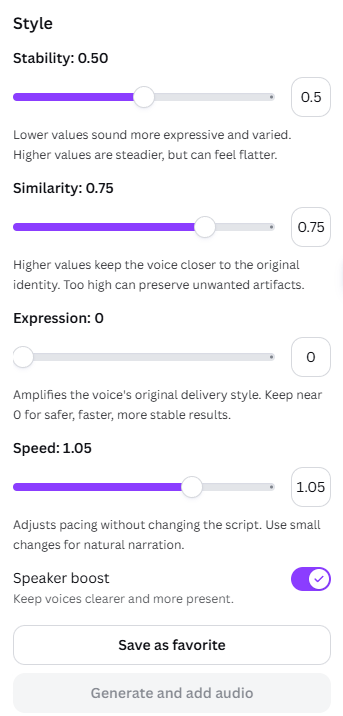 Voice style controls — Stability, Similarity, Expression, Speed in ElevenVoicer