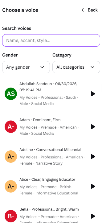 Voice list with search and filters in ElevenVoicer